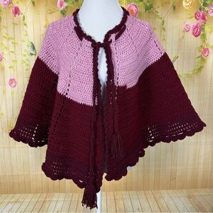 HANDMADE Red and Pink Knit Shawl Cape
